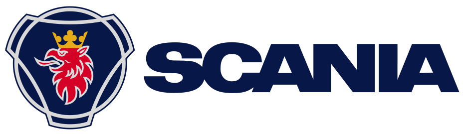 Scania logo featuring a red griffin head with a gold crown in a blue shield, positioned to the left of the word SCANIA in bold, dark blue capital letters on a transparent background.