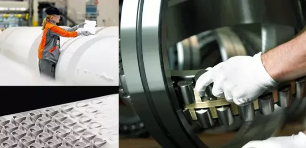 A collage showing a worker inspecting large industrial rolls, a close-up of a gloved hand adjusting machine parts, and a detailed view of a textured material with a repeating geometric pattern.